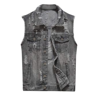 Generic Mens Denim Vest Jacket Ripped Denim Vest Men Grey Cowboy Waistcoat Metal Buttons Waistcoats Jean Sleeveless Vests Jacket Vintage Biker Gilet Jacket Mo