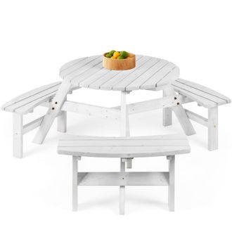 Best Choice Products 6-Person Circular Outdoor Wooden Picnic Table w/ 3 Built-In Benches, Umbrella Hole