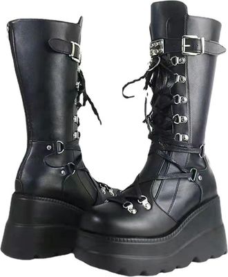 Generic womens boots Platform Boots for Women Handsome Goth Thick Booties Womens Motorcycle Winter Punk Style High Knee High Chunky Heel Gothic Boot Combat Bo