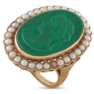 Luxury Bazaar Antique 14K Yellow Gold Malachite and Seed Pearl Cameo Ring MF02-080726
