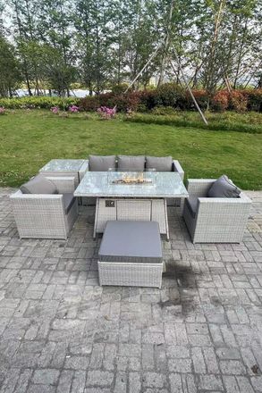 Fimous Rattan Garden Furniture Set Gas Fire Pit Lounge Sofa Chair Dining Set With Side Table in Light Grey
