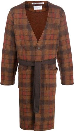 White Mountaineering checked tie-waist cardigan - men - Mohair/Nylon/Wool - 1 - Brown