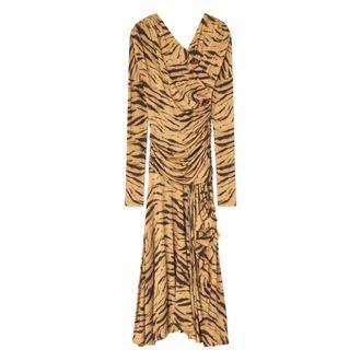 Ganni Tijgerprint Gedrapeerde Jurk - Dames - Casual kleedjes - Bruin - M - Kleedjes