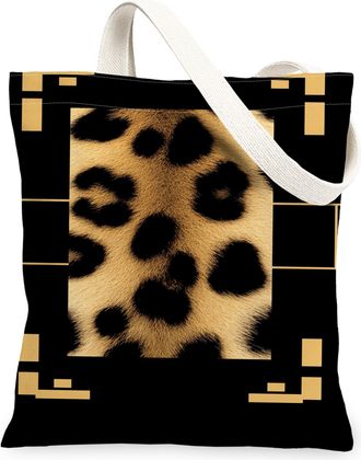 Generic Leopard Print Canvas Tote Bags, Stylish Animal Pattern Reusable Grocery Bags, Fall Fashionable Lightweight Washable Shoulde, Black, 13x15 Inch