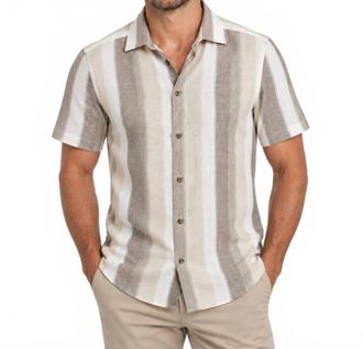 Guide London Mens Short Sleeve Striped Linen Shirt In Beige And Brown Stripe