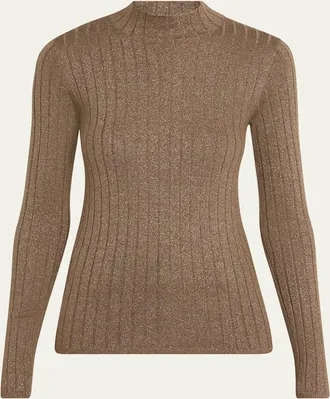 Brunello Cucinelli Mock-Neck Metallic Cashmere Rib Sweater