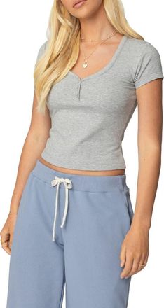 Edikted Katerina Henley Crop Top in Gray-Melange at Nordstrom, Size X-Small