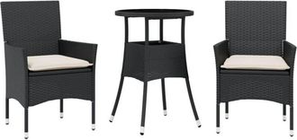 vidaXL Set Comedor Jard&iacute;n 3 Pzas Cojines Rat&aacute;n Sint&eacute;tico Vidrio Negro Vidaxl
