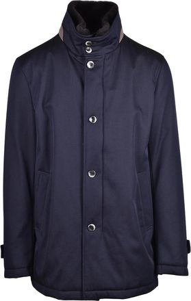 Herno Quilted Blue Virgin Wool Herno Overcoat with Detachable Fur Collar