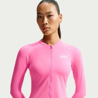 Nike Womens Swim Hydroguard Dri-FIT UV Long Sleeve Zip Top in Pink | NESSG322-663