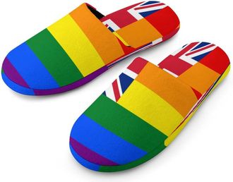 Generic United Kingdom LGBT Rainbow Flag Mens Cozy Memory Foam Slippers Warm Cotton House Shoes Comfy Slipper for Indoor Outdoor