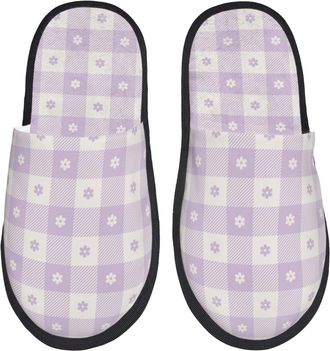 Generic Mens Slipper Flowers Purple Buffalo Plaid Print Plush Hotel Slippers Cosy Fluffy Womens Slippers Ladies Winter L