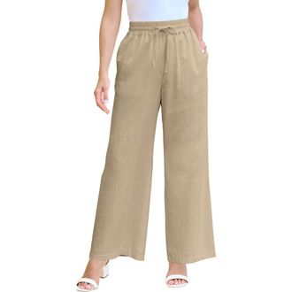 Roaman's Plus Size Linen Wide-Leg Pant in Sandy Beige at Nordstrom, Size 12