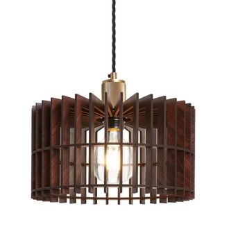 Industville Rift Slatted Wooden Drum Pendant Light - Dark in Metallic Gold | Size: Medium