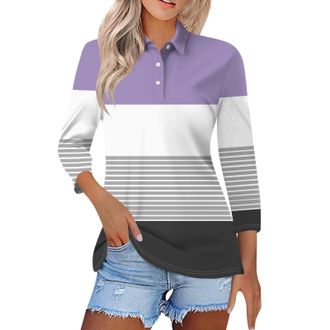 Generic Womens Polo Shirts 3/4 Sleeve Striped Color Block Button Up Golf Tennis Tops Dressy Casual Fitted Business Work T-Shirt(02, L) Bluse Damen Sommer