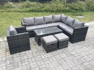Fimous 9 Seater Rattan Corner Sofa Lounge Sofa Set With Rectangular Coffee Table 2 Stool Right Hand in Dark Grey