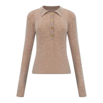 Ganni V-neck Knitwear, female, Brown, Size: 2XS Ribbed-knit Long-sleeved Polo Top