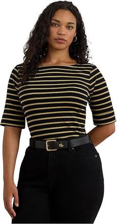 Lauren Ralph Lauren Plus Size Metallic Striped Boatneck T-Shirts Womens Clothing Black/Gold Metallic : 3X, Cotton/Elastane/Nylon