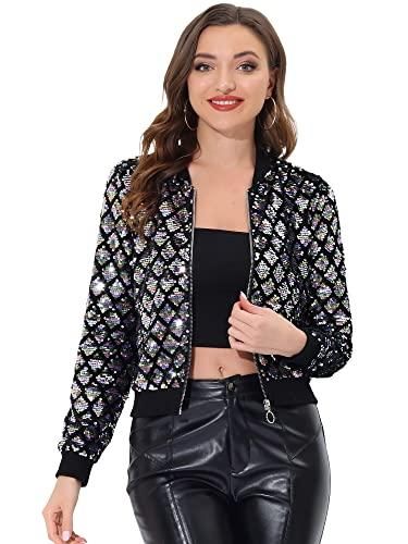 Veste Paillettes Femme Courte Type Bomber - Col Montant, Fermeture éclair, Style Streetwear