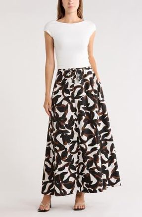 Leith Drawstring Waist Cotton Poplin Maxi Skirt in Ivory- Black Abstract Palm at Nordstrom Rack, Size X-Small