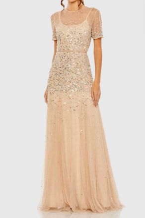 Mac Duggal High Neck Short Sleeve Sequin Embellished Dress In Nude/silver