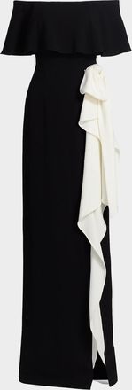 Teri Jon Two-Tone Bow Off-The-Shoulder Column Gown