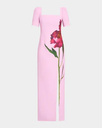 Teri Jon Beaded Floral-Print Crepe Column Gown