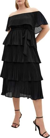 City Chic Night Garden Off the Shoulder Tiered Dress in Black at Nordstrom, Size Xxxs