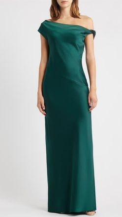 Wayf Colleen One-Shoulder Drape Satin Gown in Emerald at Nordstrom, Size X-Large