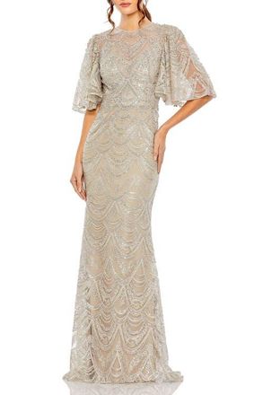 Mac Duggal Flutter Sleeve High Neck Gown in Taupe at Nordstrom, Size 20