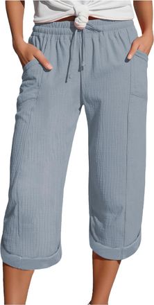 Generic Linen Trousers Womens Drawstring Elastic Waist Summer Lightweight 3/4 Trousers with Pockets Causal Loose Comfortable Fabric Sport Leisure Beach Hiking
