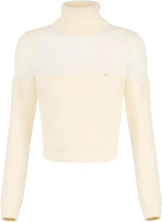 Elisabetta Franchi Turtleneck Top in Knit Fabric with Jewel Logo - Dames - Coltruien - Beige - S - Katoen - Truien & Vesten