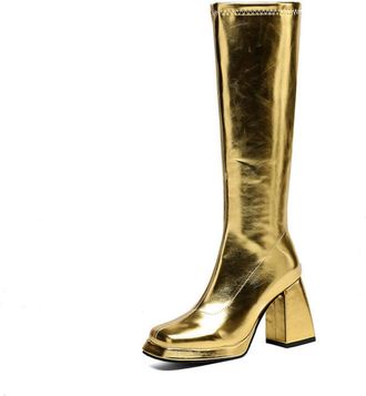 Generic Womens Square Toe Knee High Boots Chunky High Heel Platform Knight Boots PU Leather Long Boot with Zipper,Gold,4.5 UK