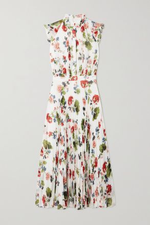 Erdem Abito Midi In Georgette Plissettato Con Stampa Floreale Con Ruches Roisin - Bianco