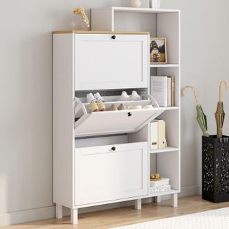 IDMarket Achille 18 Pares De Zapatero Blanco De 3 Puertas Con Tapa Y Estante De Madera