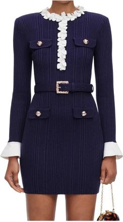 Self Portrait Golden-button Rib-knit Minidress - Dames - Kleedjes - Blauw - XS - Wol - Kleedjes