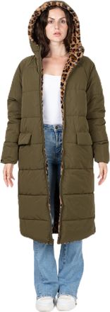 K.Zell Leopard Print Reversible Long Hooded Puffer Jacket, khaki, S