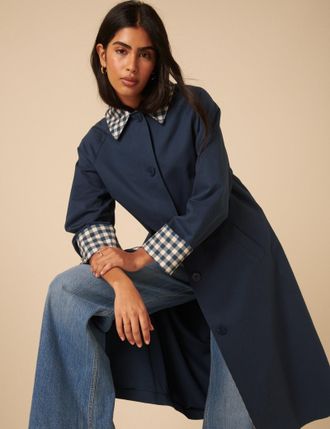 Nobody's Child Navy Gingham Trim Trench Coat