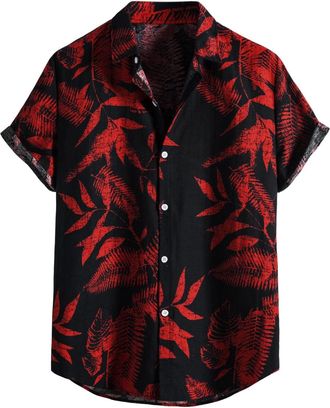 Generic Mens Hawaiian Floral Shirts, Cotton Linen Button Down Beach Shirt Tops, Lightweight Regular Fit Short-Sleeve Lapel Shirt, Casual Summer Aloha Printed 