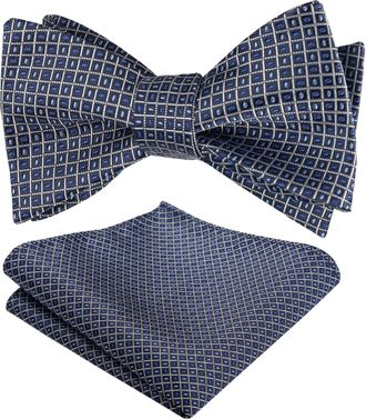 Alizeal Mens Self Tied Regular Plaid Dot Bow Tie and Pocket Square Set, Navy