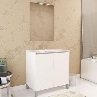 Aurlane Pack Mueble De Ba&ntilde;o 80 Cm Blanco Lacado 2 Puertas, Lavabo, Espejo 60x80 Y Aplique Led