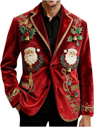 Generic Red Blazer for Men,Ugly Christmas Corduroy Ceremonial Blazers Christmas Elk Printed Blazers Single Breasted Blazer Novelty Xmas Graphic Suit Coat Fest