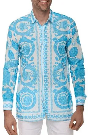 Ranee&rsquo;s Extra Trim Fit Print Linen & Cotton Button-Up Resort Shirt in Blue at Nordstrom Rack, Size Xx-Large