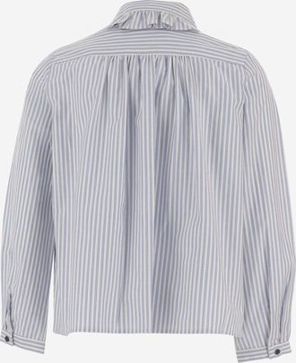 BONPOINT Boys Shirt With Ruffled Collar, Blue Stripe Cotton