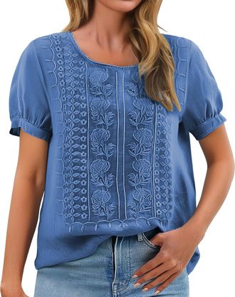 Generic Womens Fashionable Casual Solid Color Pleated Cotton and Linen Tops Shirts and T Shirts Half Sleeve Women (Dark Blue, M)