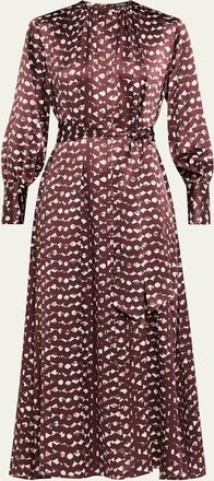 Kiton Long-Sleeve Abstract-Print Silk Belted Maxi Dress