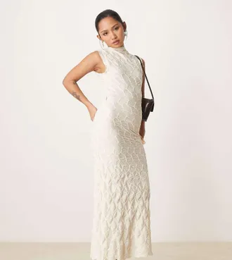 Vila VILA Petite textured jersey maxi dress in cream-White
