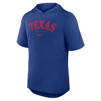 Nike Texas Rangers Arched Wordmark Nike Mens Dri-FIT MLB Hooded T-Shirt in Blue | 03NB4EWTER-6XV