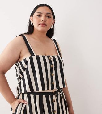 Nobody's Child Top in misto lino con scollo squadrato e bottoni a righe monocromatiche vistose in coordinato-Nero
