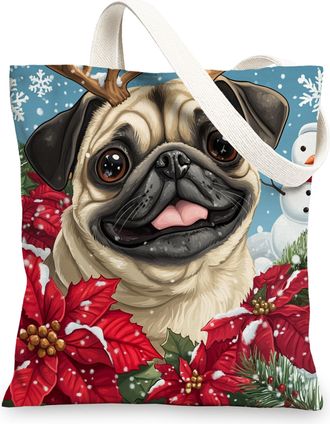 Generic Winter Christmas Pug Dog Canvas Tote Bag for Shopping 13x15, Snowman Xmas Puppy Pet Reusable Grocery Print Bag for Women Men, Holiday Aesthetic Painti